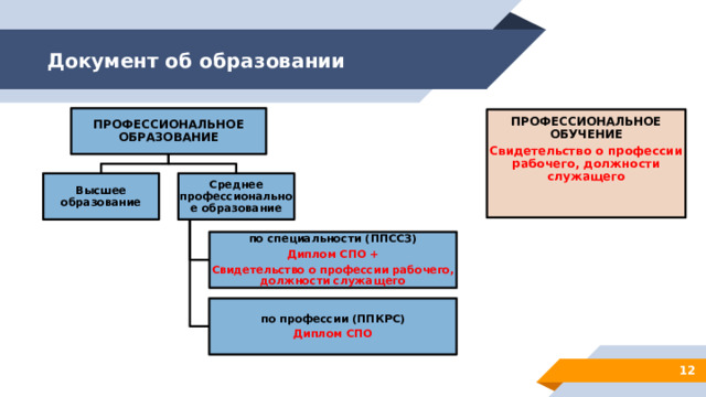 Документ об образовании Профессиональное образование Профессиональное обучение Свидетельство о профессии рабочего, должности служащего Высшее образование Среднее профессиональное образование по специальности (ППССЗ) Диплом СПО + Свидетельство о профессии рабочего, должности служащего по профессии (ППКРС) Диплом СПО 10 