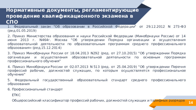 Нормативные документы, регламентирующие проведение квалификационного экзамена в СПО   1. Федеральный закон 