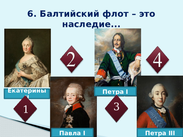 6. Балтийский флот – это наследие... Петра I Екатерины II 3 1 Павла I Петра III 