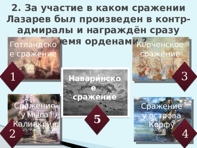 2. За участие в каком сражении Лазарев был произведен в контр-адмиралы и награждён сразу тремя орденами ? Сражение у мыса Калиакрия Керченское сражение Готландское сражение 3 1 Навари́нское сражение Выбрать сражения, в которых участвовал Федор Ушаков Сражение у острова Корфу 5 4 2 3 