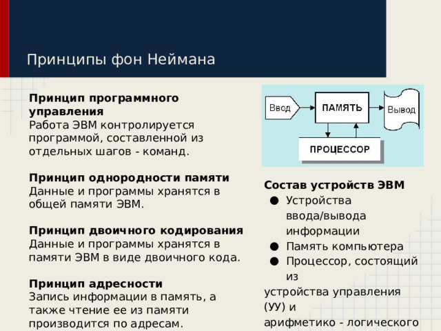 Принципы фон Неймана Принцип программного управления Работа ЭВМ контролируется программой, составленной из отдельных шагов - команд.  Принцип однородности памяти Данные и программы хранятся в общей памяти ЭВМ. Принцип двоичного кодирования Данные и программы хранятся в памяти ЭВМ в виде двоичного кода. Принцип адресности Запись информации в память, а также чтение ее из памяти производится по адресам. Состав устройств ЭВМ Устройства ввода/вывода информации Память компьютера Процессор, состоящий из устройства управления (УУ) и арифметико - логического устройства (АЛУ) 