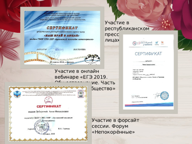 Участие в республиканском пресс-шоу «Наш край в лицах» Участие в онлайн вебинаре «ЕГЭ 2019. Обществознание. Часть 2. Человек и общество» Участие в форсайт сессии. Форум «Непокорённые» 