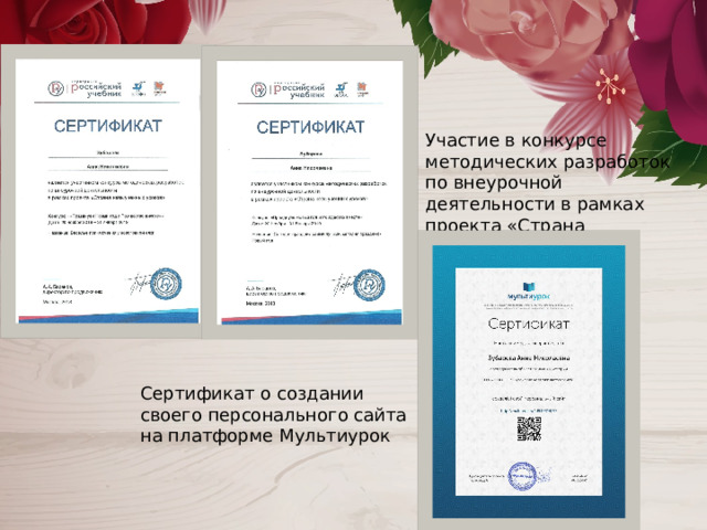 Участие в конкурсе методических разработок по внеурочной деятельности в рамках проекта «Страна невыученных уроков» Сертификат о создании своего персонального сайта на платформе Мультиурок 