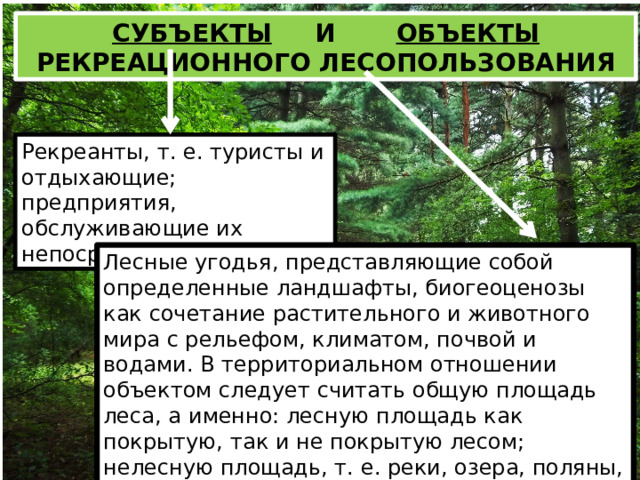 СУБЪЕКТЫ И ОБЪЕКТЫ РЕКРЕАЦИОННОГО ЛЕСОПОЛЬЗОВАНИЯ Рекреанты, т. е. туристы и отдыхающие; предприятия, обслуживающие их непосредственно в лесу. Лесные угодья, представляющие собой определенные ландшафты, биогеоценозы как сочетание растительного и животного мира с рельефом, климатом, почвой и водами. В территориальном отношении объектом следует считать общую площадь леса, а именно: лесную площадь как покрытую, так и не покрытую лесом; нелесную площадь, т. е. реки, озера, поляны, альпийские луга, скалы, дороги, входящие в общую площадь леса. 