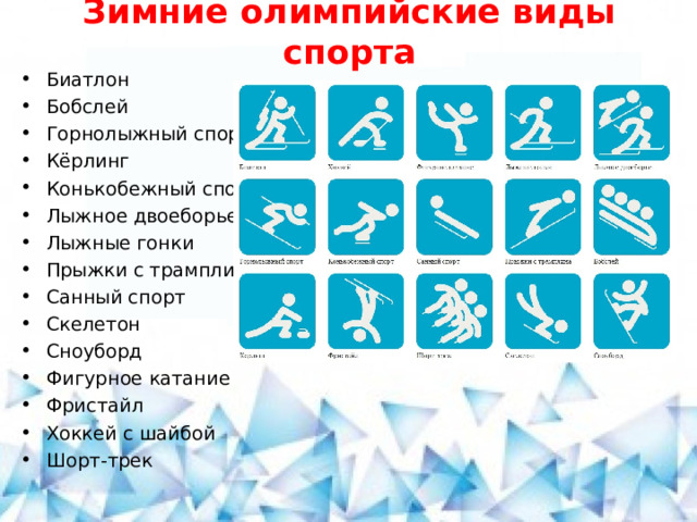 Зимние олимпийские виды спорта Биатлон Бобслей Горнолыжный спорт Кёрлинг Конькобежный спорт Лыжное двоеборье Лыжные гонки Прыжки с трамплина Санный спорт Скелетон Сноуборд Фигурное катание Фристайл Хоккей с шайбой Шорт-трек 