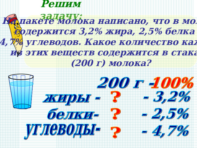 Решим задачу: На пакете молока написано, что в молоке содержится 3,2% жира, 2,5% белка и 4,7% углеводов. Какое количество каждых из этих веществ содержится в стакане (200 г) молока? 