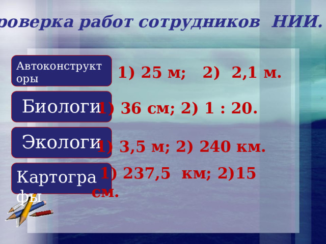 Проверка работ сотрудников НИИ. Автоконструкторы 1) 25 м; 2) 2,1 м. Биологи 1) 36 см; 2) 1 : 20. Экологи 1) 3,5 м; 2) 240 км. Картографы 1) 237,5 км; 2)15 см. 