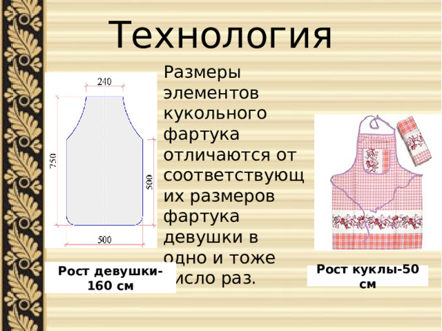 Технология Размеры элементов кукольного фартука отличаются от соответствующих размеров фартука девушки в одно и тоже число раз. Рост девушки-160 см Рост куклы-50 см 