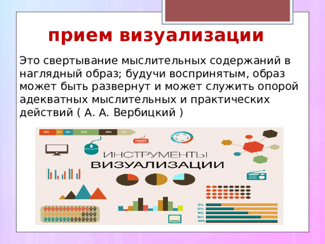 прием визуализации Это свертывание мыслительных содержаний в наглядный образ; будучи воспринятым, образ может быть развернут и может служить опорой адекватных мыслительных и практических действий ( А. А. Вербицкий )   