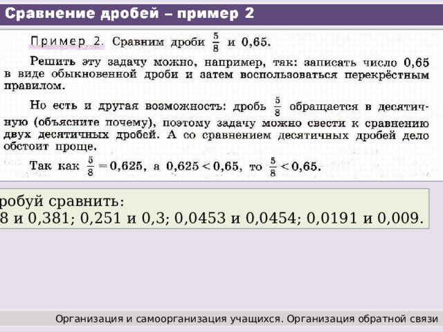Попробуй сравнить: 0,318 и 0,381; 0,251 и 0,3; 0,0453 и 0,0454; 0,0191 и 0,009. Организация и самоорганизация учащихся. Организация обратной связи 