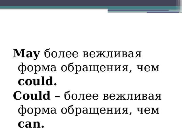 May более вежливая форма обращения, чем could. Could – более вежливая форма обращения, чем can. 