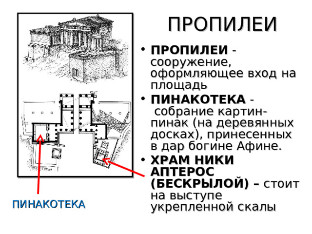 ПРОПИЛЕИ ПРОПИЛЕИ - сооружение, оформляющее вход на площадь ПИНАКОТЕКА -  собрание картин-пинак (на деревянных досках), принесенных в дар богине Афине. ХРАМ НИКИ АПТЕРОС (БЕСКРЫЛОЙ) – стоит на выступе укрепленной скалы ПИНАКОТЕКА 
