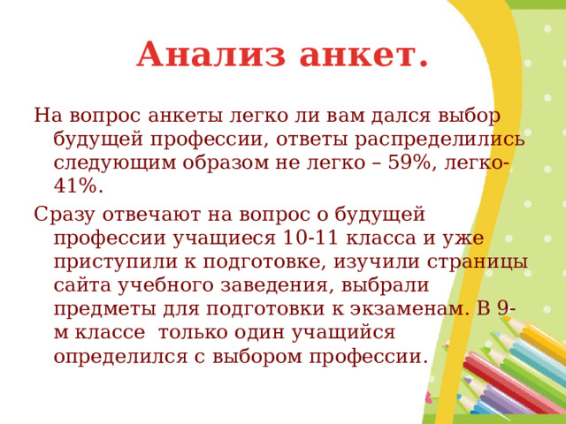 Анализ анкет. На вопрос анкеты легко ли вам дался выбор будущей профессии, ответы распределились следующим образом не легко – 59%, легко- 41%. Сразу отвечают на вопрос о будущей профессии учащиеся 10-11 класса и уже приступили к подготовке, изучили страницы сайта учебного заведения, выбрали предметы для подготовки к экзаменам. В 9-м классе только один учащийся определился с выбором профессии. 