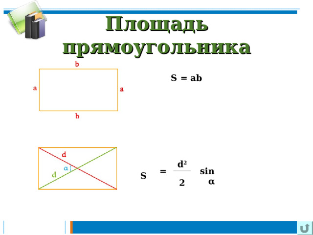 Площадь прямоугольника              S = ab S    =   d 2   sinα 2 
