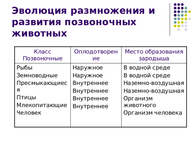 Эволюция размножения и развития позвоночных животных Класс Позвоночные Оплодотворение Рыбы Наружное Место образования зародыша Земноводные Наружное Пресмыкающиеся В водной среде Птицы Внутреннее В водной среде Внутреннее Млекопитающие Наземно-воздушная Человек Внутреннее Наземно-воздушная Внутреннее Организм животного Организм человека 