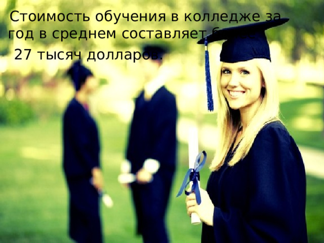 Стоимость обучения в колледже за год в среднем составляет более  27 тысяч долларов. 