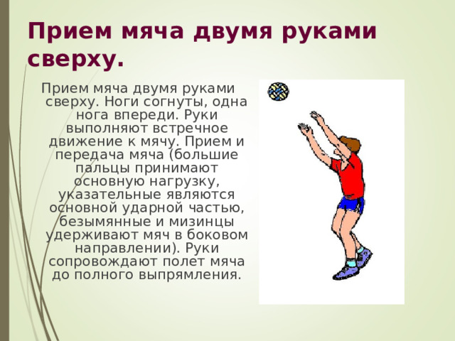 Прием мяча двумя руками сверху. Прием мяча двумя руками сверху. Ноги согнуты, одна нога впереди. Руки выполняют встречное движение к мячу. Прием и передача мяча (большие пальцы принимают основную нагрузку, указательные являются основной ударной частью, безымянные и мизинцы удерживают мяч в боковом направлении). Руки сопровождают полет мяча до полного выпрямления. 