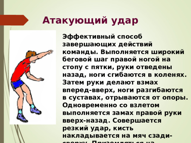 Атакующий удар Эффективный способ завершающих действий команды. Выполняется широкий беговой шаг правой ногой на стопу с пятки, руки отведены назад, ноги сгибаются в коленях. Затем руки делают взмах вперед-вверх, ноги разгибаются в суставах, отрываются от опоры. Одновременно со взлетом выполняется замах правой руки вверх-назад. Совершается резкий удар, кисть накладывается на мяч сзади-сверху. Приземляться на согнутые ноги. 