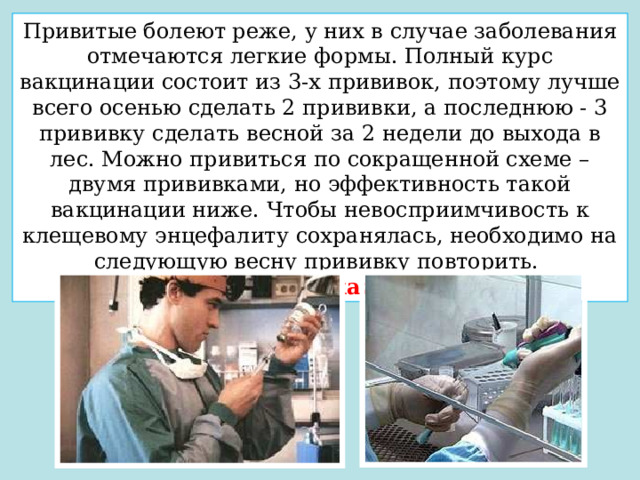 Привитые болеют реже, у них в случае заболевания отмечаются легкие формы. Полный курс вакцинации состоит из 3-х прививок, поэтому лучше всего осенью сделать 2 прививки, а последнюю - 3 прививку сделать весной за 2 недели до выхода в лес. Можно привиться по сокращенной схеме – двумя прививками, но эффективность такой вакцинации ниже. Чтобы невосприимчивость к клещевому энцефалиту сохранялась, необходимо на следующую весну прививку повторить. Ревакцинация через каждые 3 года. 