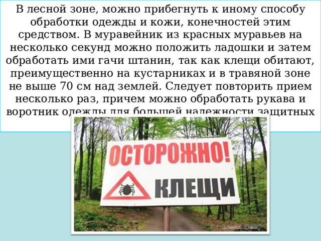 В лесной зоне, можно прибегнуть к иному способу обработки одежды и кожи, конечностей этим средством. В муравейник из красных муравьев на несколько секунд можно положить ладошки и затем обработать ими гачи штанин, так как клещи обитают, преимущественно на кустарниках и в травяной зоне не выше 70 см над землей. Следует повторить прием несколько раз, причем можно обработать рукава и воротник одежды для большей надежности защитных мероприятий. 