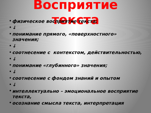 Восприятие текста физическое восприятие текста; ↓ понимание прямого, «поверхностного» значения; ↓ соотнесение с контекстом, действительностью, ↓ понимание «глубинного» значения; ↓ соотнесение с фондом знаний и опытом ↓ интеллектуально – эмоциональное восприятие текста, осознание смысла текста, интерпретация 