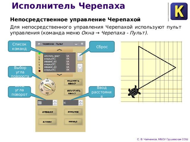 Исполнитель Черепаха Непосредственное управление Черепахой Для непосредственного управления Черепахой используют пульт управления (команда меню Окна → Черепаха - Пульт). Список команд Сброс Выбор угла поворота Ввод угла поворота Ввод расстояния 