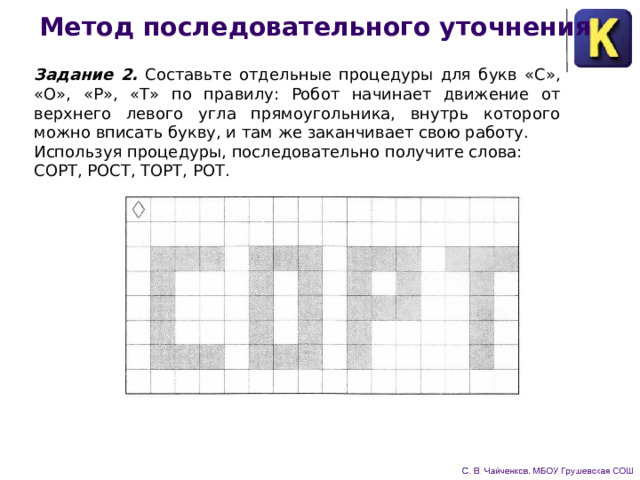 Метод последовательного уточнения Задание 2. Составьте отдельные процедуры для букв «С», «О», «Р», «Т» по правилу: Робот начинает движение от верхне­го левого угла прямоугольника, внутрь которого можно вписать букву, и там же заканчивает свою работу. Используя процедуры, последовательно получите слова: СОРТ, РОСТ, ТОРТ, РОТ. 
