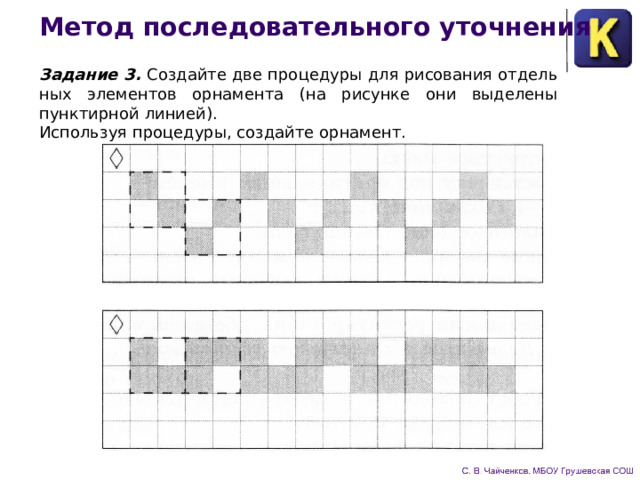 Метод последовательного уточнения Задание 3. Создайте две процедуры для рисования отдель­ных элементов орнамента (на рисунке они выделены пунктир­ной линией). Используя процедуры, создайте орнамент. 