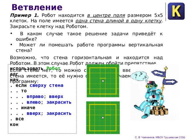Ветвление Пример 1.  Робот находится в  центре поля размером 5x5  кле­ток. На поле имеется одна стена длиной в  одну клетку . Закрась­те клетку над Роботом.  В каком случае такое решение задачи приведёт к ошибке?  Может ли помешать работе программы вертикальная стена? Возможно, что стена горизонтальная и находится над Роботом. В этом случае Робот должен обойти препятствие. Если стены нет, то можно смело шагать вверх, если же стена имеется, то её нужно обойти. Получаем следующую программу: использовать Робот алг нач . если сверху стена . . то . . . вправо ; вверх . . . влево ; закрасить . . иначе . . . вверх ; закрасить . все кон  
