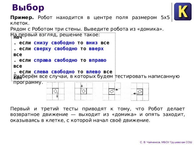 Выбор Пример. Робот находится в центре поля размером 5x5 клеток. Рядом с Роботом три стены. Выведите робота из «домика». На первый взгляд, решение такое: нач  . если снизу свободно то вниз все  . если сверху свободно то вверх все  . если справа свободно то вправо все  . если слева свободно то влево все  кон Разберём все случаи, в которых будем тестировать написан­ную программу. Первый и третий тесты приводят к тому, что Робот делает возвратное движение — выходит из «домика» и опять заходит, оказываясь в клетке, с которой начал своё движение. 