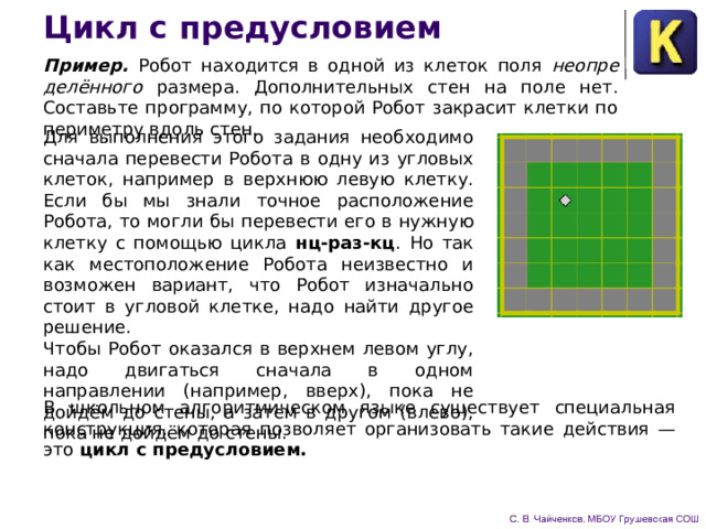 Цикл с предусловием Пример.  Робот находится в одной из клеток поля неопре­делённого размера. Дополнительных стен на поле нет. Составь­те программу, по которой Робот закрасит клетки по периметру вдоль стен. Для выполнения этого задания необходимо сначала перевес­ти Робота в одну из угловых клеток, например в верхнюю ле­вую клетку. Если бы мы знали точное расположение Робота, то могли бы перевести его в нужную клетку с помощью цикла нц-раз-кц .  Но так как местоположение Робота неизвестно и возможен вариант, что Робот изначально стоит в угловой клет­ке, надо найти другое решение. Чтобы Робот оказался в верхнем левом углу, надо двигаться сначала в одном направлении (например, вверх), пока не дойдём до стены, а затем в другом (влево), пока не дойдём до стены. В школьном алгоритмическом языке существует специаль­ная конструкция, которая позволяет организовать такие дейст­вия — это цикл с предусловием. 