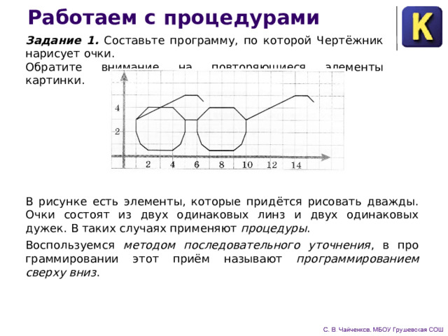 Работаем с процедурами Задание 1. Составьте программу, по которой Чертёжник на­рисует очки. Обратите внимание на повторяющиеся элементы картинки. В рисунке есть элементы, которые придётся рисовать дважды. Очки состоят из двух оди­наковых линз и двух одинаковых дужек. В таких случаях при­меняют процедуры . Воспользуемся методом последовательного уточнения , в про­граммировании этот приём называют программированием сверху вниз . 