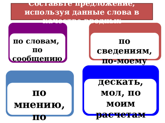 Составьте предложение, используя данные слова в качестве вводных по сведениям, по-моему по словам, по сообщению дескать, мол, по моим расчетам по мнению, по слухам 