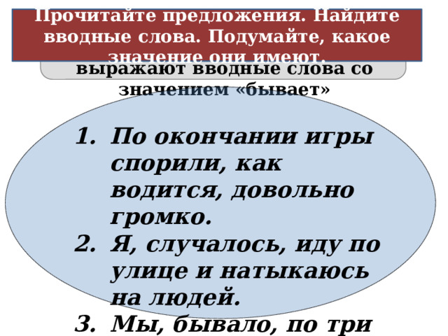 Прочитайте предложения. Найдите вводные слова. Подумайте, какое значение они имеют. Оценка сообщаемых фактов с точки зрения их обычности выражают вводные слова со значением «бывает» По окончании игры спорили, как водится, довольно громко. Я, случалось, иду по улице и натыкаюсь на людей. Мы, бывало, по три недели сено косили. 