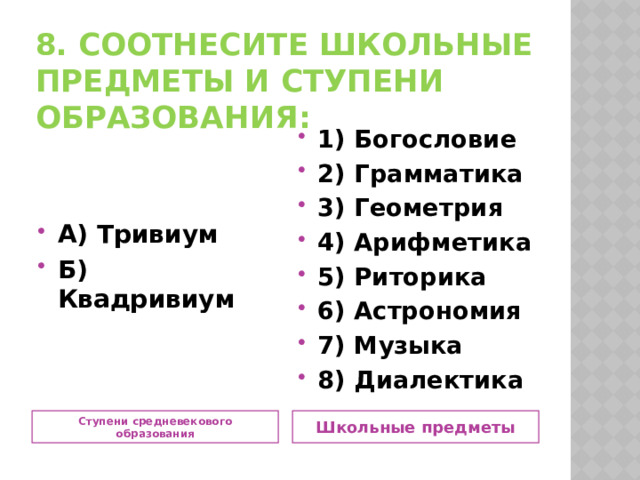 8. Соотнесите школьные предметы и ступени образования: 1) Богословие 2) Грамматика 3) Геометрия 4) Арифметика 5) Риторика 6) Астрономия 7) Музыка 8) Диалектика А) Тривиум Б) Квадривиум Ступени средневекового образования Школьные предметы 