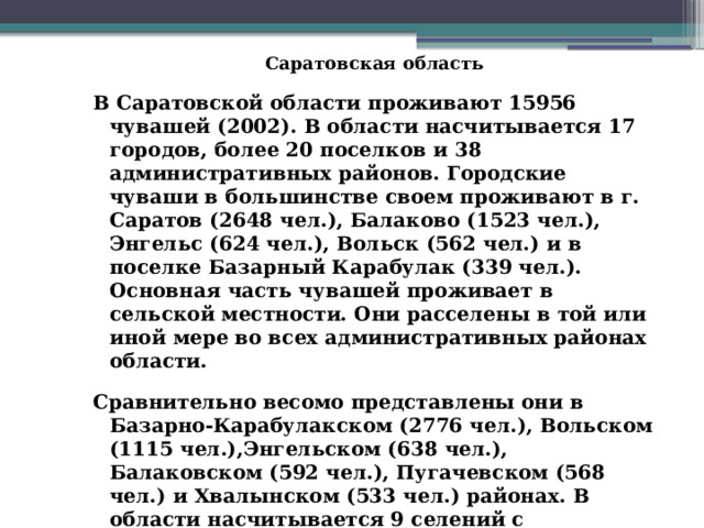 Саратовская область В Саратовской области проживают 15956 чувашей (2002). В области насчитывается 17 городов, более 20 поселков и 38 административных районов. Городские чуваши в большинстве своем проживают в г. Саратов (2648 чел.), Балаково (1523 чел.), Энгельс (624 чел.), Вольск (562 чел.) и в поселке Базарный Карабулак (339 чел.). Основная часть чувашей проживает в сельской местности. Они расселены в той или иной мере во всех административных районах области. Сравнительно весомо представлены они в Базарно-Карабулакском (2776 чел.), Вольском (1115 чел.),Энгельском (638 чел.), Балаковском (592 чел.), Пугачевском (568 чел.) и Хвалынском (533 чел.) районах. В области насчитывается 9 селений с чувашским населением. Есть чувашская национально-культурная автономия «Ентеш». Есть чувашская национально-культурная автономия «Ентеш». Есть чувашская национально-культурная автономия «Ентеш». Есть чувашская национально-культурная автономия «Ентеш». 