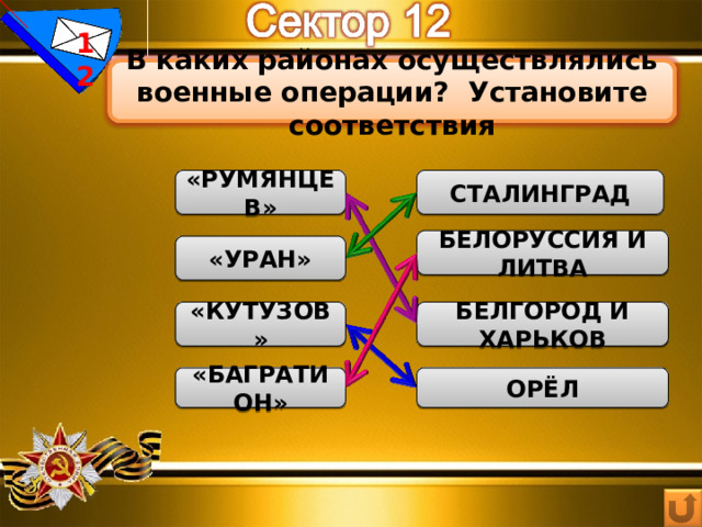 12 В каких районах осуществлялись военные операции? Установите соответствия «РУМЯНЦЕВ» СТАЛИНГРАД БЕЛОРУССИЯ И ЛИТВА «УРАН» БЕЛГОРОД И ХАРЬКОВ «КУТУЗОВ» ОРЁЛ «БАГРАТИОН» 