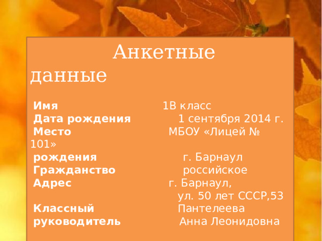  Анкетные данные   Имя     1В класс   Дата рождения  1 сентября 2014 г.   Место   МБОУ «Лицей № 101»   рождения г. Барнаул   Гражданство  российское    Адрес   г. Барнаул,  ул. 50 лет СССР,53  Классный Пантелеева  руководитель Анна Леонидовна    