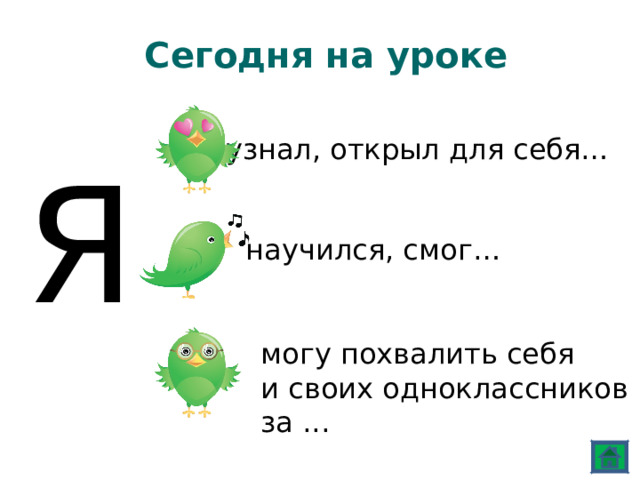Сегодня на уроке узнал, открыл для себя… Я научился, смог… могу похвалить себя и своих одноклассников за ... 