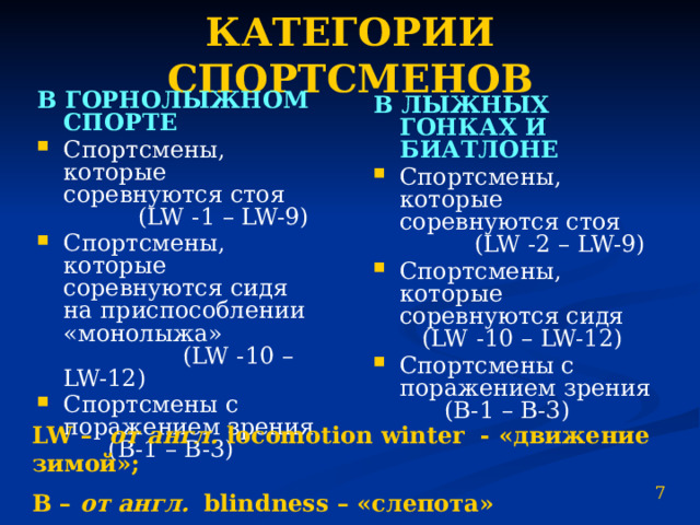 КАТЕГОРИИ СПОРТСМЕНОВ В ГОРНОЛЫЖНОМ СПОРТЕ Спортсмены, которые соревнуются стоя (LW -1 – LW-9) Спортсмены, которые соревнуются сидя на приспособлении «монолыжа» (LW -10 – LW-12) Спортсмены с поражением зрения (B-1 – B-3) В ЛЫЖНЫХ ГОНКАХ И БИАТЛОНЕ Спортсмены, которые соревнуются стоя (LW -2 – LW-9) Спортсмены, которые соревнуются сидя (LW -10 – LW-12) Спортсмены с поражением зрения (B-1 – B-3) LW – от англ. locomotion winter - «движение зимой»; B – от англ.  blindness – «слепота» 7 
