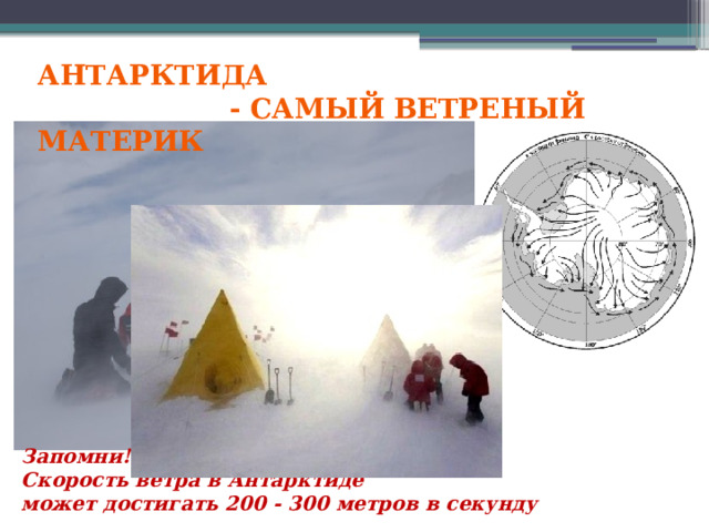 Антарктида  - самый ветреный материк Запомни! Скорость ветра в Антарктиде может достигать 200 - 300 метров в секунду 