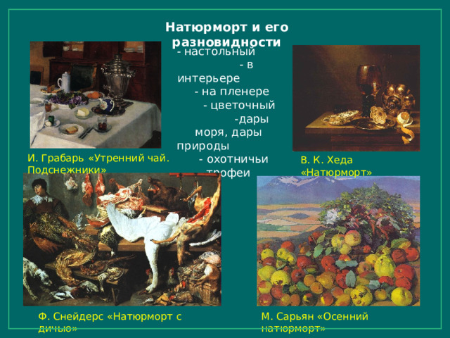 Натюрморт и его разновидности - настольный - в интерьере - на пленере - цветочный -дары моря, дары природы - охотничьи трофеи И. Грабарь  «Утренний чай. Подснежники» В. К. Хеда «Натюрморт» Ф. Снейдерс «Натюрморт с дичью» М. Сарьян «Осенний натюрморт» 