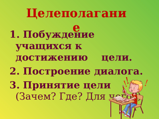 Целеполагание 1. Побуждение учащихся к достижению цели. 2. Построение диалога. 3. Принятие цели (Зачем? Где? Для чего?)      