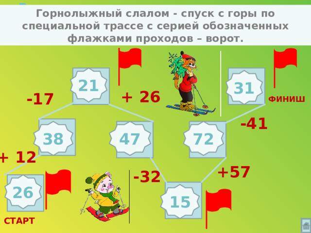 Реши примеры и узнаешь, что такое «Слалом»  Горнолыжный слалом - спуск с горы по специальной трассе с серией обозначенных флажками проходов – ворот. 21 31 + 26 -17 ФИНИШ -41 72 47 38 + 12 +57 -32 26 15 СТАРТ 
