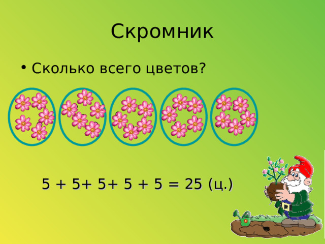 Скромник Сколько всего цветов? 5 + 5+ 5+ 5 + 5 = 25 (ц.) 