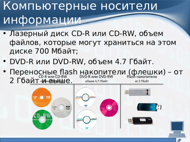 Компьютерные носители информации Лазерный диск CD-R или CD-RW, объем файлов, которые могут храниться на этом диске 700 Мбайт; DVD-R или DVD-RW, объем 4.7 Гбайт. Переносные flash накопители (флешки) – от 2 Гбайт и выше. 