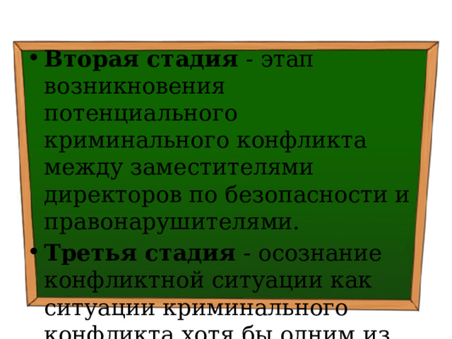 Вторая стадия - этап возникновения потенциального криминального конфликта между заместителями директоров по безопасности и правонарушителями. Третья стадия - осознание конфликтной ситуации как ситуации криминального конфликта хотя бы одним из субъектов криминального конфликта. 