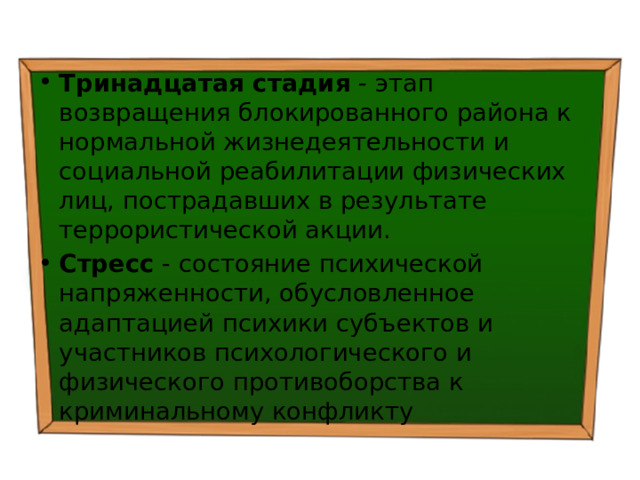Тринадцатая стадия - этап возвращения блокированного района к нормальной жизнедеятельности и социальной реабилитации физических лиц, пострадавших в результате террористической акции. Стресс - состояние психической напряженности, обусловленное адаптацией психики субъектов и участников психологического и физического противоборства к криминальному конфликту 
