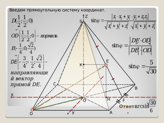 Введем прямоугольную систему координат. Z S Е К направляющий вектор прямой DE .   С В Х Н F О Ответ: . А У D 