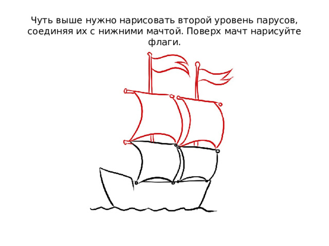 Чуть выше нужно нарисовать второй уровень парусов, соединяя их с нижними мачтой. Поверх мачт нарисуйте флаги. 